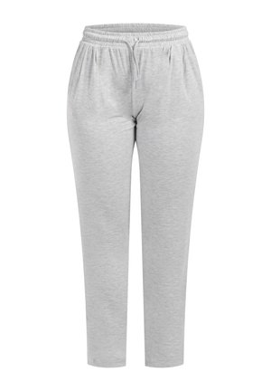 Lichtgrijze sweatpants met een elastische tailleband, trekkoord en taps toelopend ontwerp. Gemaakt van een zachte, textuurbedoeling stof met een subtiele glans.