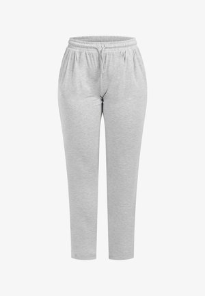 Pantalons de survêtement gris clair avec une taille élastique, un cordon de serrage et une coupe fuselée. Fabriqués à partir d'un tissu doux et texturé avec un léger brillant.