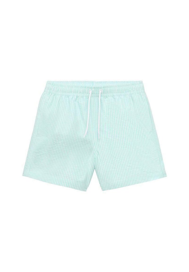 Světlomodré plavky s tenkým pruhovaným vzorem, elastickým pasem a šňůrkou na stažení. Vyrobeno z hladkého, rychleschnoucího materiálu.