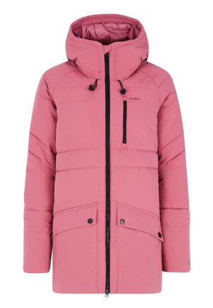 Vaaleanpunainen puhallettava takki hupulla, jossa on mustat vetoketju- ja taskuyksityiskohdat. Vaate on tikkikuvioinen ja siinä on kaksi etutaskua sekä rintatasku.