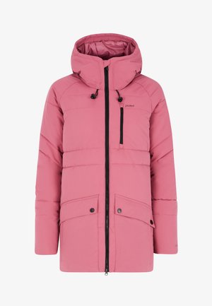 Ružová prešívaná bunda s kapucňou, s čiernym zipsom a akcentmi na vreckách. Prešívaný dizajn s dvoma prednými vreckami a jedným vreckom na hrudi.
