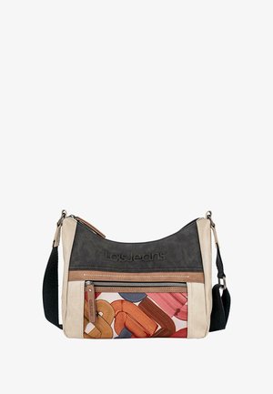 Bolso hobo en materiales crema, marrón y negro que presenta un bolsillo con cremallera con patrones abstractos coloridos y una correa negra ajustable.