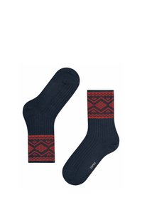 Marineblaue Socken mit geripptem Muster, das an der Manschette ein rotes geometrisches Muster aufweist. Hergestellt aus weichem Stoff, geeignet für die Freizeit.