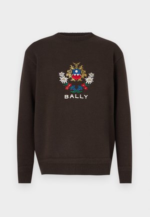 Pull en tricot brun avec un logo central brodé comportant des motifs floraux et le mot « BALLY » en blanc en bas.