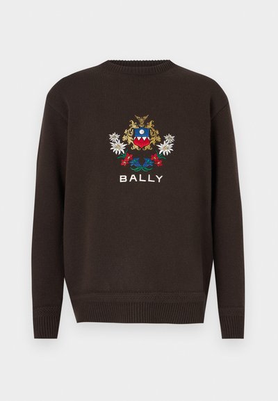 Barna kötött pulóver, középen hímzett logóval, virágmotívumokkal és alul fehér színű "BALLY" felirattal.