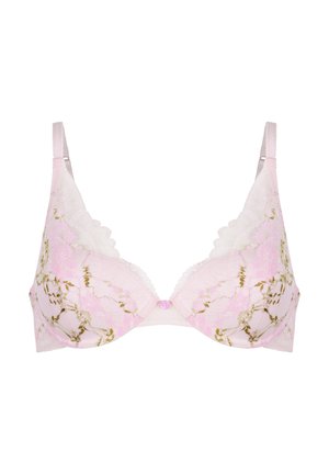 Soutien-gorge en dentelle avec une base rose, des accents floraux dorés, des bords festonnés, des bretelles réglables et un bouton de fermeture à l'avant.