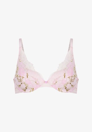 Reggiseno in pizzo con base rosa, dettagli floreali dorati, bordi smerlati, spalline regolabili e chiusura frontale con bottone.