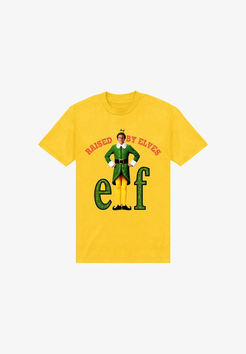 Camiseta amarilla con un elfo verde y el texto rojo "Criado por Elfos" y "ef" en una letra decorativa verde en la parte inferior.