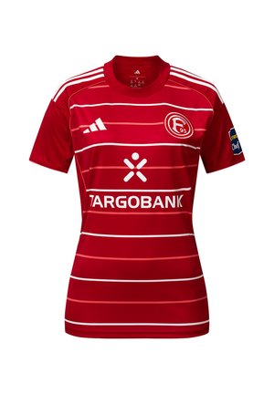 Rotes Fußballtrikot mit dünnen weißen Querstreifen, weißem Adidas-Logo, Fortuna Düsseldorf Vereinswappen, TARGOBANK-Sponsor und einem Ärmelpatch.