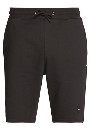 Shorts décontractés noirs avec ceinture élastique et cordon de serrage, longueur genou, petite étiquette de marque sur la partie inférieure de la jambe gauche.