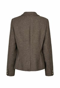 Veste marron à manches longues avec motif en chevrons et deux boutons sur chaque poignet, vue de dos sur fond blanc.
