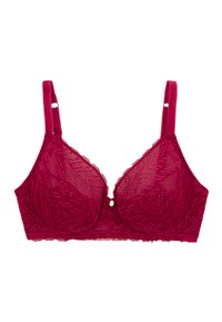 Soutien-gorge en dentelle de couleur magenta profond, avec des bonnets doux, des bretelles réglables et un petit accent décoratif doré au centre. Motif texturé sur l'ensemble.