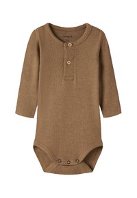 Brown ribbed long-sleeve baby bodysuit with two wooden buttons at the chest and three snap buttons at the crotch.