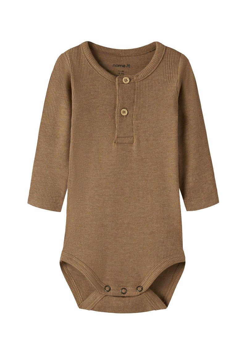 Brown ribbed long-sleeve baby bodysuit with two wooden buttons at the chest and three snap buttons at the crotch.
