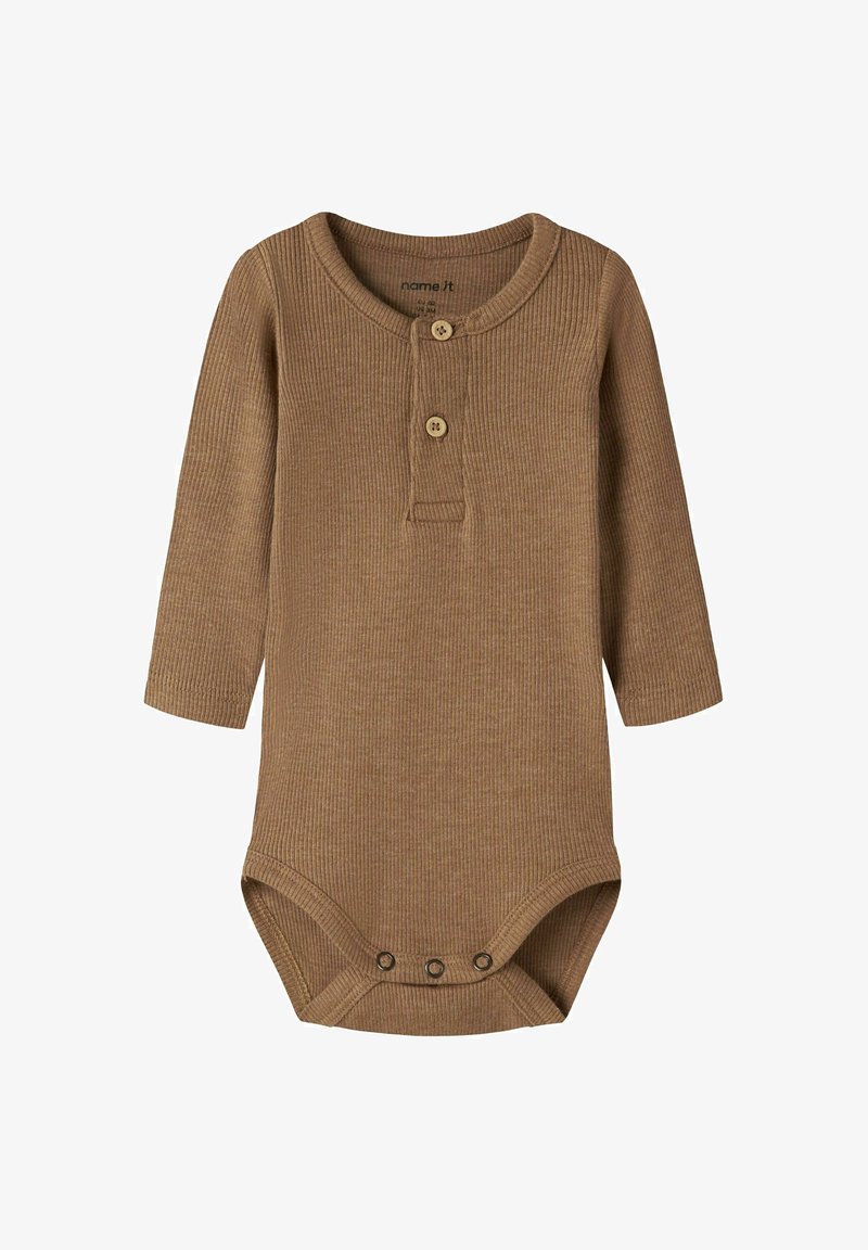 Brown ribbed long-sleeve baby bodysuit with two wooden buttons at the chest and three snap buttons at the crotch.