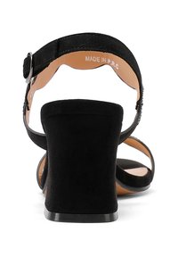 Sandal in suede nero con tacco spesso, punta aperta e cinturino alla caviglia fissato da una fibbia metallica. Suola piatta e rivestimento interno liscio.
