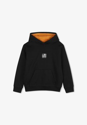 Sweat à capuche noir avec doublure intérieure orange à la capuche, poche avant et petit logo blanc "Hugo Worldwide" sur la poitrine.