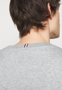 Szary bawełniany t-shirt pokazujący widok z tyłu, z okrągłym dekoltem i małym czerwono-biało-niebieskim paskowanym akcentem przy szyi.