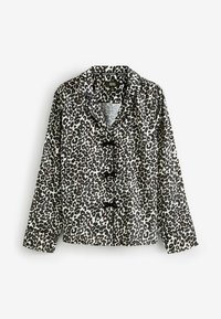 Bluză cu imprimeu leopard, cu închidere butonată în față, mâneci lungi și guler clasic. Schema de culori include negru, marron și crem.
