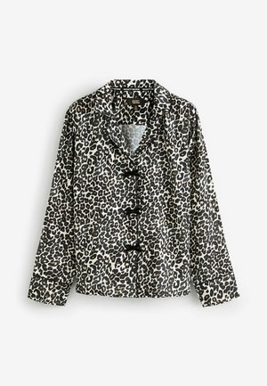 Leopardenmuster-Bluse mit einer Knopfleiste an der Vorderseite, langen Ärmeln und klassischem Kragen. Farbgebung umfasst Schwarz, Braun und Creme.