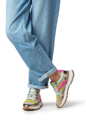 Colorful sneaker featuring a mix of green, pink, and yellow accents. Made from a combination of mesh and synthetic materials, with a white sole.