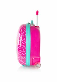 Valigia rigida rosa con motivi a cuore, zip turchese, manico retrattile e ruote trasparenti per una facile mobilità.
