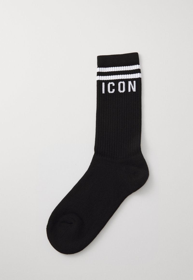 Mustad sok, millel on ribakujuline tekstuur ja valged triibud üleval, ning küljel on valge print "ICON". Sile kangas üle kogu sokki.