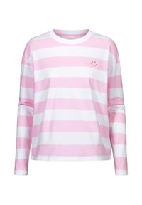 Roze en witte gestreepte longsleeve t-shirt met een ronde hals en een klein oranje glimlachend gezicht motief op de borst.