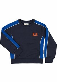 Laivastonsininen huppari, jossa on siniset sivupaneelit ja valkoinen trimmi. Rinnassa oranssilla värillä teksti "SUURIA UNELMIA". Pitkät hihat, ribatut hihansuut.