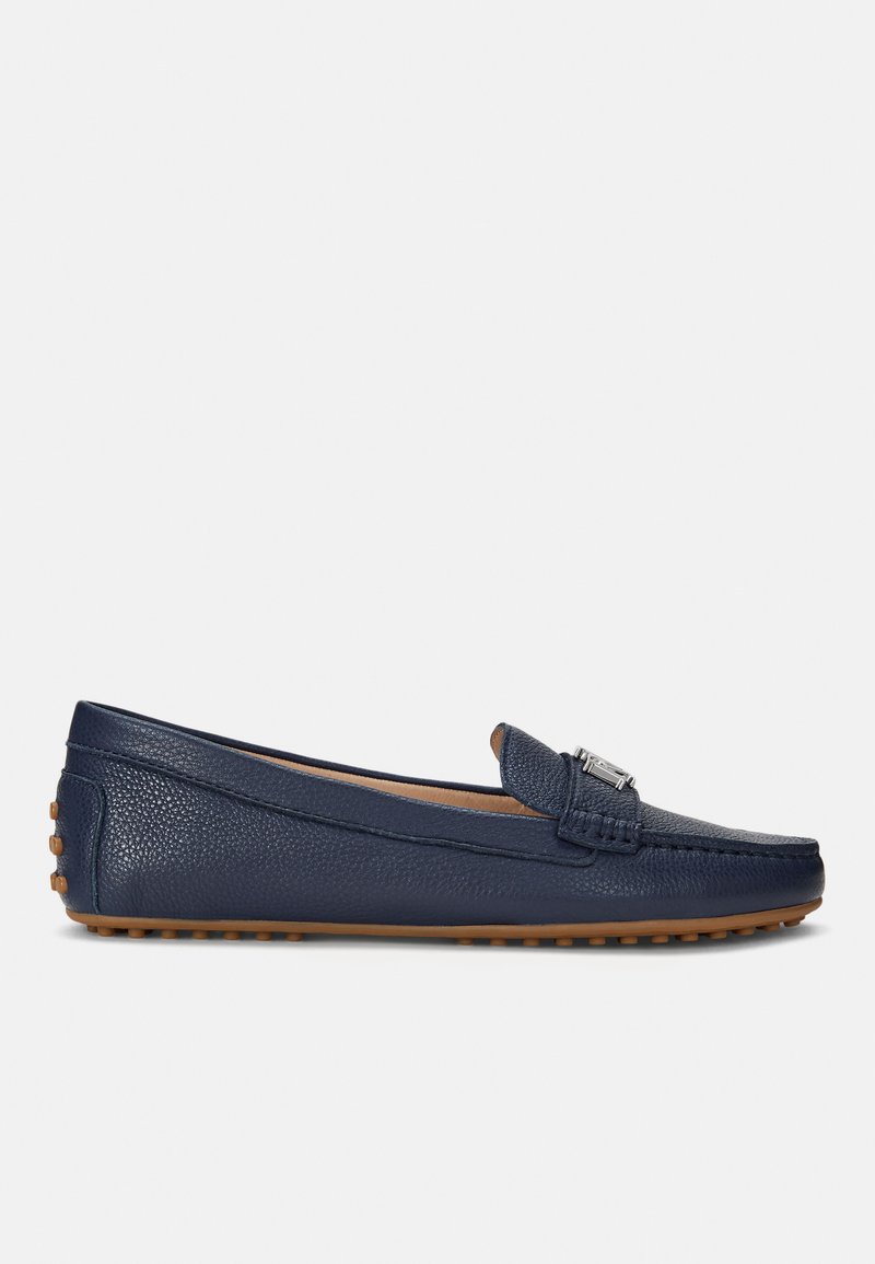 Navy blue leather loafers with textured finish, slip-on design, stitched accents, and rubber studded sole for enhanced grip.