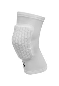Genouillère blanche avec une protection texturée sur le côté, dotée d'un design strié et de bandes noires à la base.