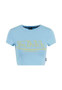 Světle modré zkrácené tričko z bavlny se žlutým logem "Von Dutch Originals" v stylizovaném písmu na přední straně.