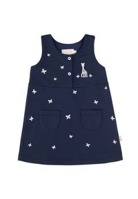 Abito senza maniche di colore blu navy con bottoni frontali, caratterizzato da farfalle ricamate in bianco e una giraffa, dotato di due tasche anteriori. Materiale in cotone.