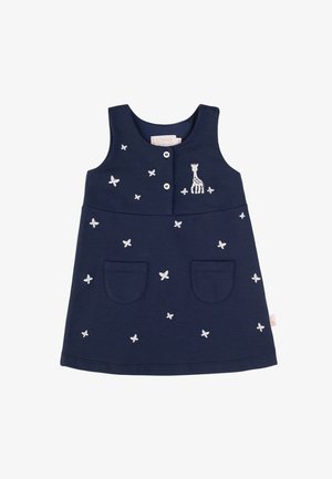 Marineblaues ärmelloses Kleid mit Vorderknöpfen, verziert mit weißen gestickten Schmetterlingen und einer Giraffe, sowie zwei vorderen Taschen. Aus Baumwollmaterial.
