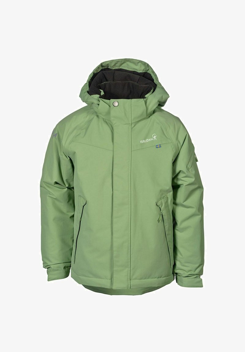 Grön vattentät jacka med huva, dragkedja och knäppningar, sidofickor, svart foder och en logotyp på bröstet och ärmen.