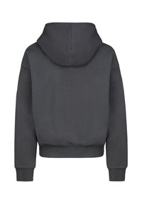 Dunkelgrauer Hoodie mit lockerem Sitz, ausgestattet mit großer Kapuze, gerippten Bündchen und Saum. Glatte Textur mit minimalistischem Design.