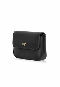 Czarna skórzana torebka na ramię z klapką, złotymi elementami oraz prostokątnym, zorganizowanym kształtem. Gładka tekstura z minimalistycznym wzornictwem.