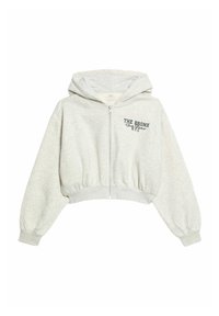 Lichtgrijze cropped hoodie gemaakt van zacht materiaal, met een ritssluiting aan de voorkant, geribbelde rand, en bedrukte tekst "THE BRONX N.Y.C." op de borst.