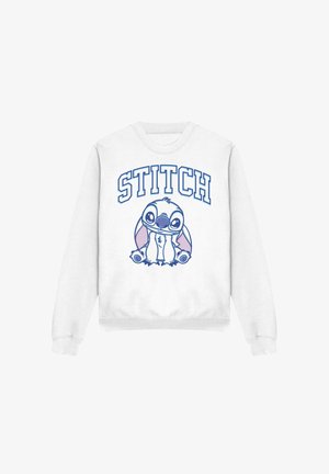 Weißer Sweatshirt mit einer blauen Grafik von Stitch, mit "STITCH" in fettem blauen Schriftzug über der Figur. Aus weichem Baumwollmaterial, mit Rundhalsausschnitt.