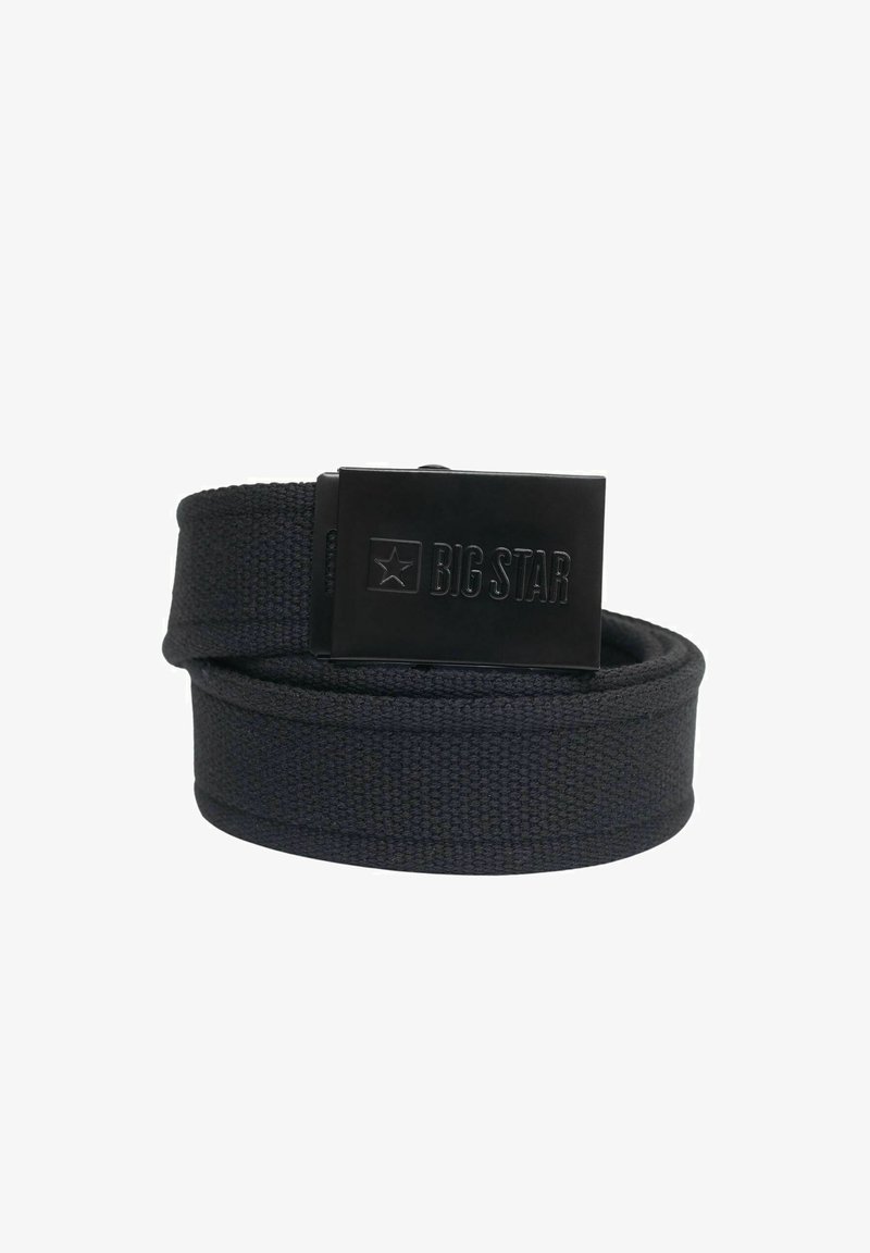 Black woven fabric belt with a rectangular black metal buckle featuring an embossed logo. The belt is textured and adjustable.