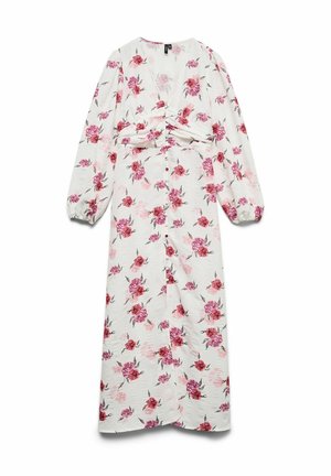 Rochie midi albă cu mâneci lungi, imprimeu cu trandafiri roz și roșii, decolteu în V, bust strâns, nasturi în față și manșete elastice.