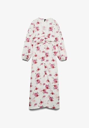Robe midi blanche à manches longues avec imprimé de roses roses et rouges, encolure en V, poitrine froncée, boutonnée devant et poignets élastiques.