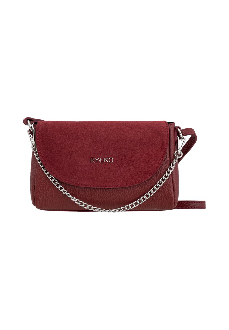 Borsa a tracolla in pelle rossa e suede con patta, tracolla a catena e dettaglio del logo. Superficie testurizzata e forma rettangolare compatta.