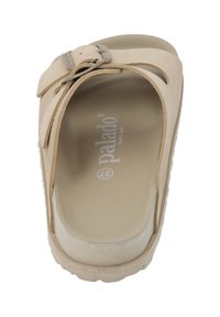 Beige sandal made of soft suede with a toe loop and adjustable strap; features textured insole and sturdy rubber sole; logo on footbed.