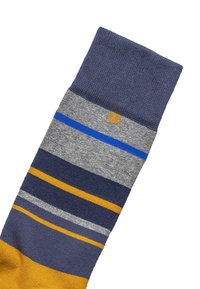 Crew socks made of knit fabric feature a navy cuff, gray and blue stripes, and a mustard band at the ankle. Includes a textured finish.