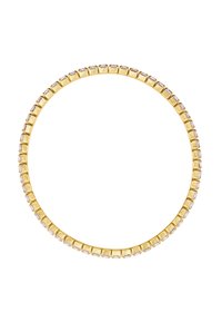 Gouden ketting met vierkante schakels afgewerkt met heldere stenen, gerangschikt in een symmetrische ronde vorm met een gepolijste afwerking.