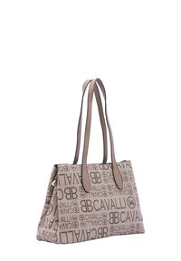 Beige stoffen handtas met donkerbruine logopatronen, dubbele leren handvatten en rechthoekige vorm. Heeft een ritssluiting en gestructureerd ontwerp.