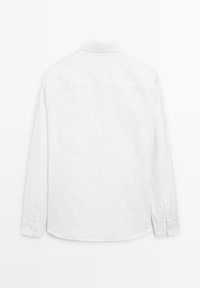 White long-sleeve shirt with a classic collar and button cuffs, featuring a smooth texture and a plain back design.