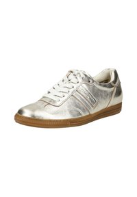 Metallisk sølv sneaker med hvite detaljer og lisser, gummisåle og en sømdesignet stil. Har merkevaren på siden.