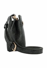 Schwarze strukturierte Mini-Handtasche mit einem klaren Design, ausgestattet mit einem Klappverschluss in Goldoptik und einem verstellbaren Tragegurt. Dezentes erhabenes Muster auf dem Material.